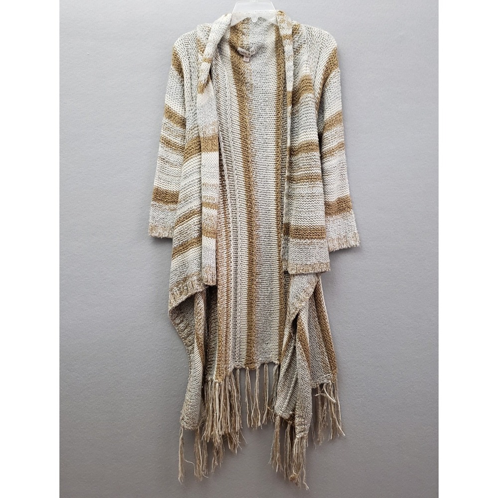 Knox Rose Womens XS Striped Fringe Open Front Cardigan Metallic Knit Sweater